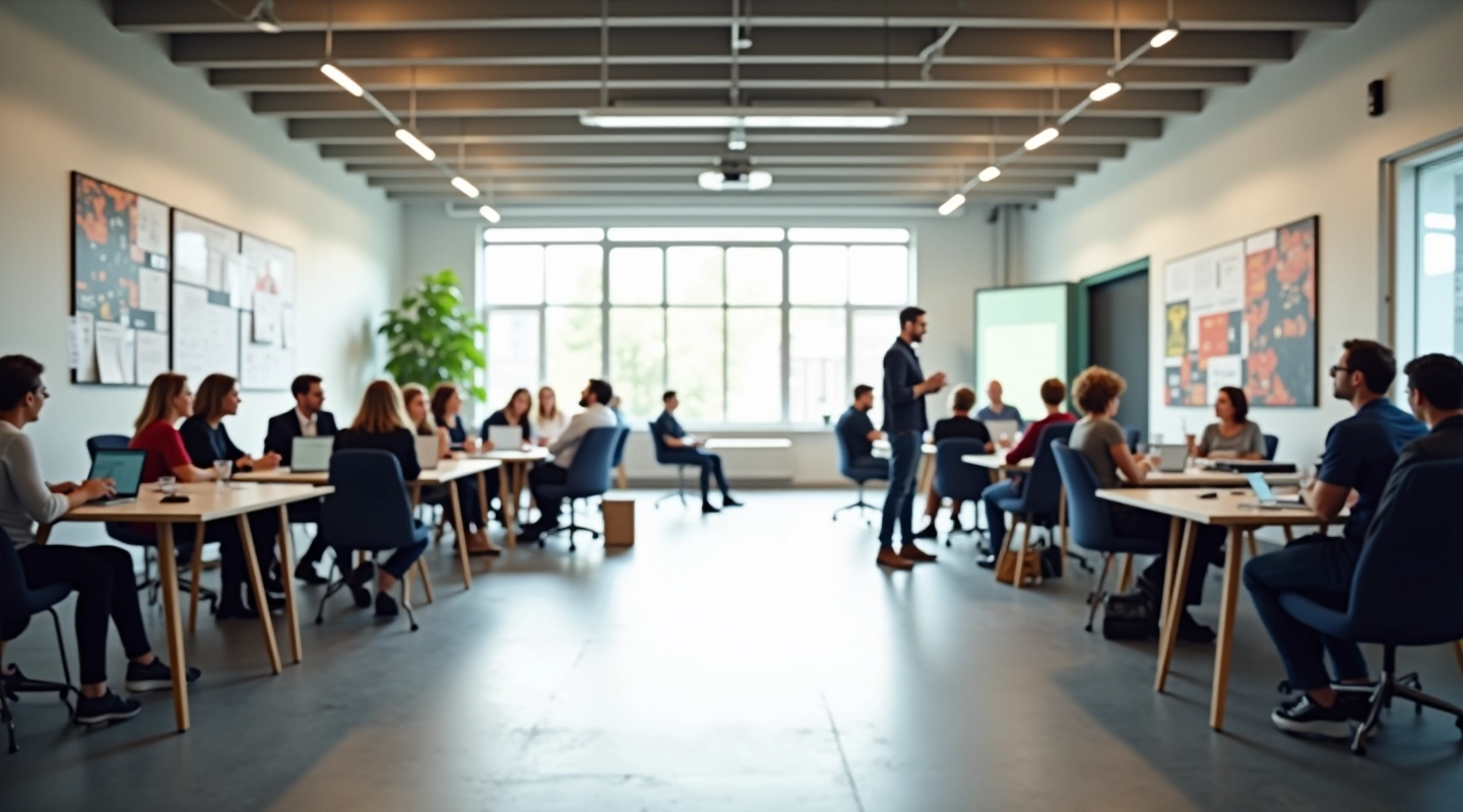 Modern kantooromgeving met teamleden in agile werksessie, samenwerkingsruimte